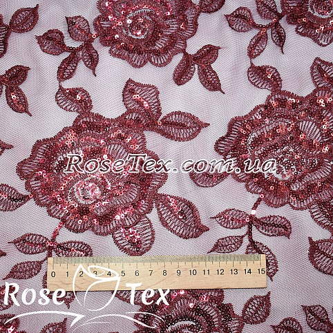 Сітка вишивка з пайеткою рози бордо